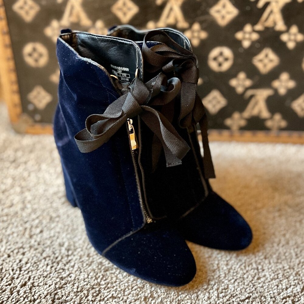 Zara Navy Blue Velvet Ankle Boots with Black Grosgrain Ribbon Bow Laces